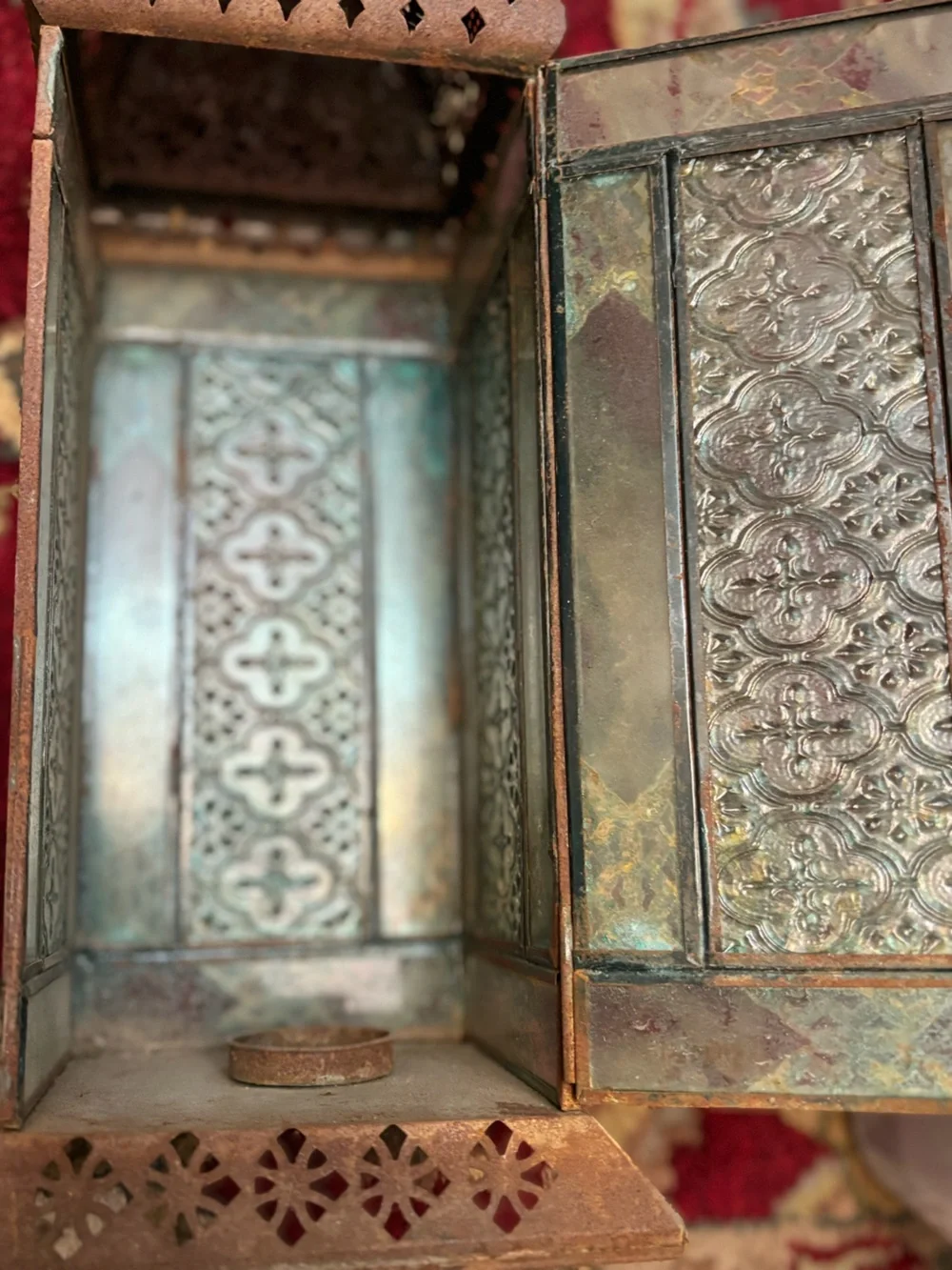 Set of 3 Moroccan-Style Punched Metal Lanterns W/ Glass Panels